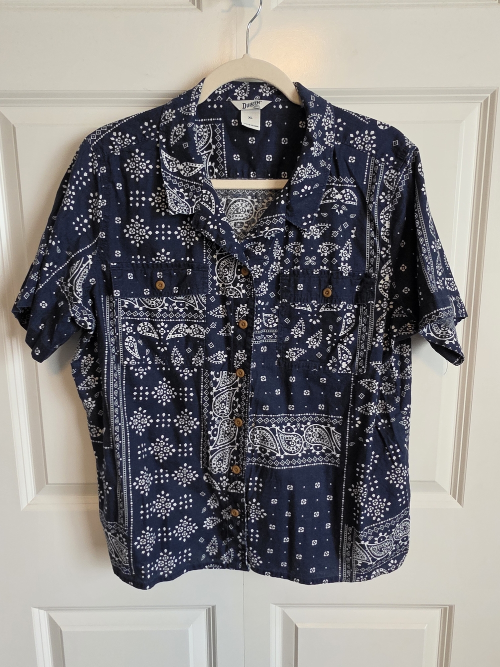 Duluth hemp Navy and White Bandana-Print Short Sleeve Button-Up shirt